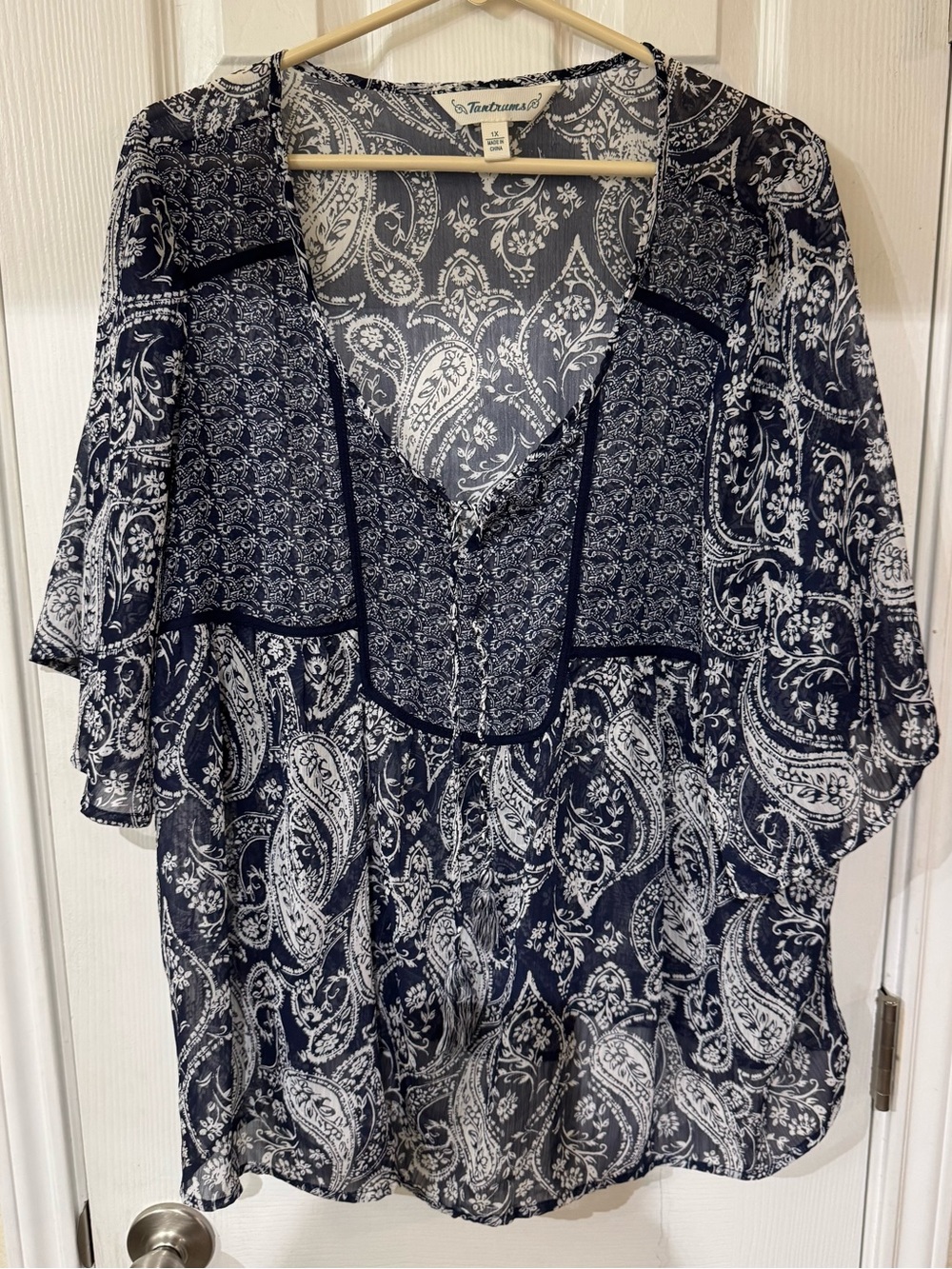 Navy Paisley Split-Neck Women's Blouse